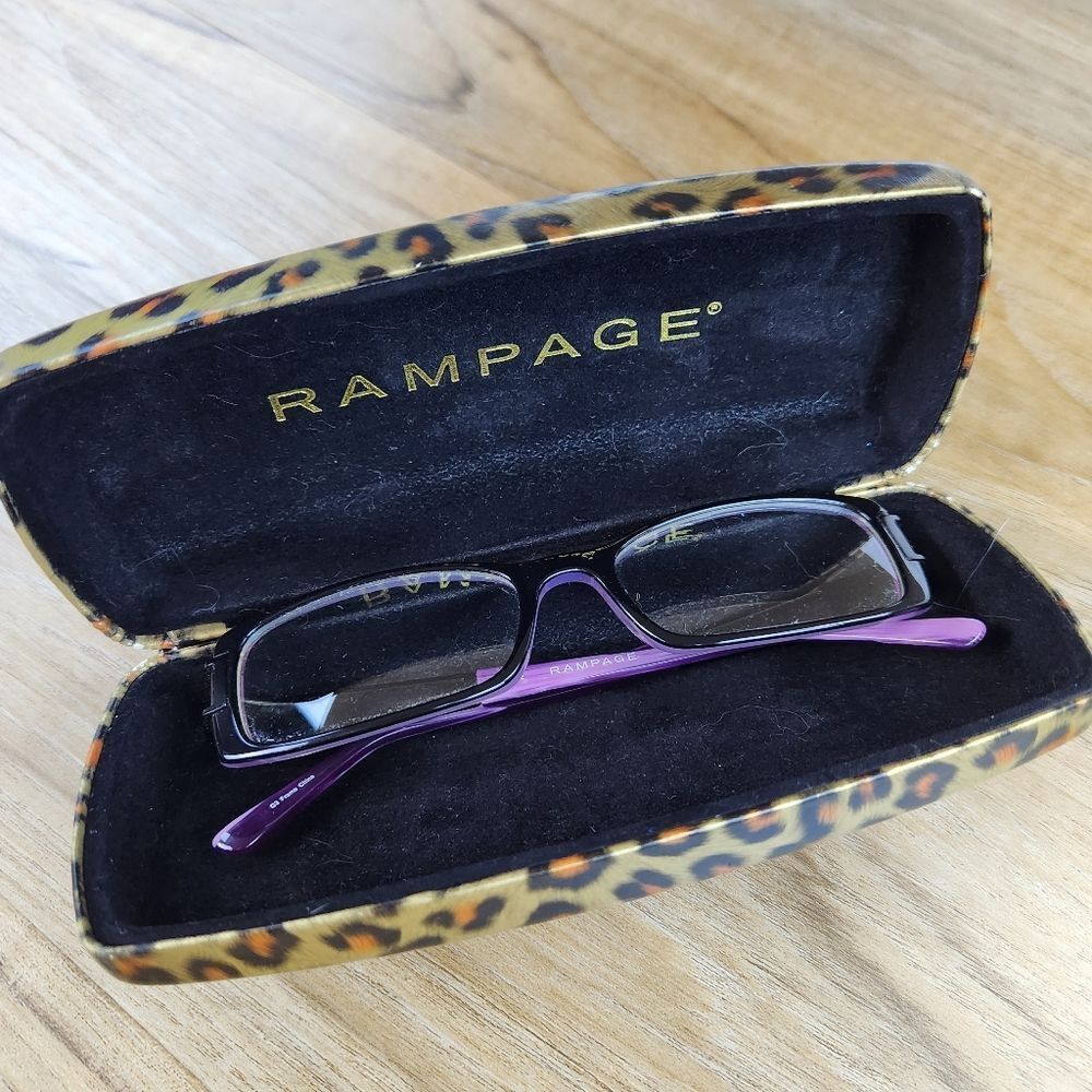 💜Vintage Rampage Black & Purple Eyeglasses & Leopard Hardshell Case - Picture 5 of 12